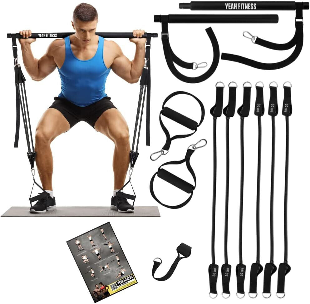 Pilates Bar Kit - Portable Home Gym Workout Equipment with Resistance Bands NEW